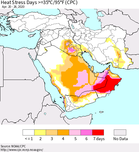Middle East and Turkey Heat Stress Days >=35°C/95°F (CPC) Thematic Map For 4/20/2020 - 4/26/2020