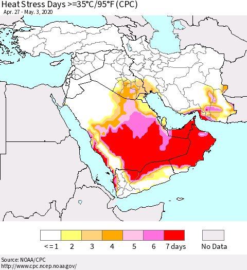 Middle East and Turkey Heat Stress Days >=35°C/95°F (CPC) Thematic Map For 4/27/2020 - 5/3/2020