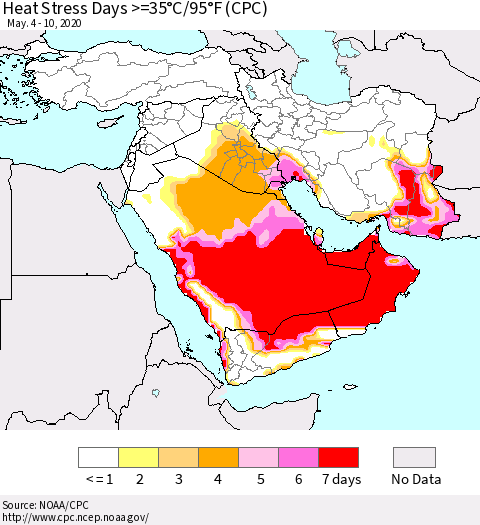 Middle East and Turkey Heat Stress Days >=35°C/95°F (CPC) Thematic Map For 5/4/2020 - 5/10/2020