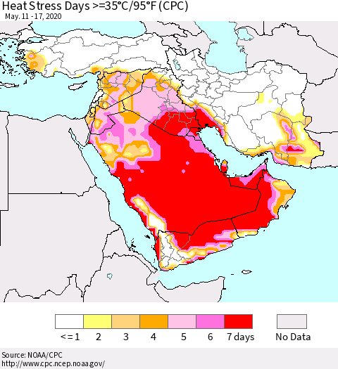 Middle East and Turkey Heat Stress Days >=35°C/95°F (CPC) Thematic Map For 5/11/2020 - 5/17/2020