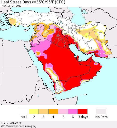 Middle East and Turkey Heat Stress Days >=35°C/95°F (CPC) Thematic Map For 5/18/2020 - 5/24/2020
