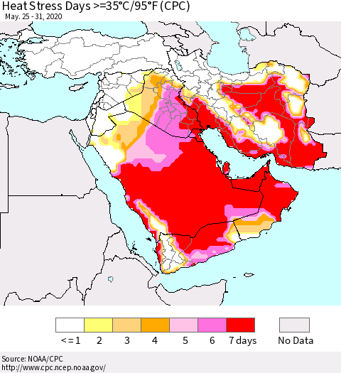 Middle East and Turkey Heat Stress Days >=35°C/95°F (CPC) Thematic Map For 5/25/2020 - 5/31/2020