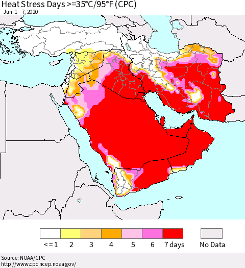 Middle East and Turkey Heat Stress Days >=35°C/95°F (CPC) Thematic Map For 6/1/2020 - 6/7/2020