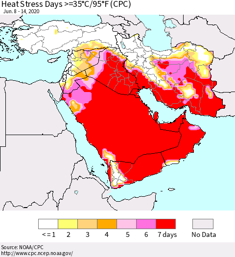 Middle East and Turkey Heat Stress Days >=35°C/95°F (CPC) Thematic Map For 6/8/2020 - 6/14/2020