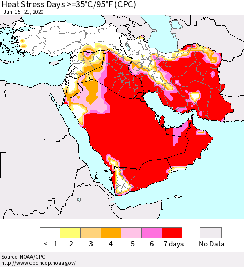 Middle East and Turkey Heat Stress Days >=35°C/95°F (CPC) Thematic Map For 6/15/2020 - 6/21/2020