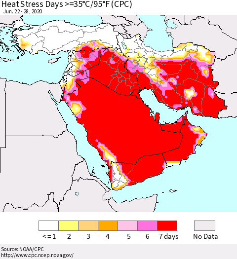 Middle East and Turkey Heat Stress Days >=35°C/95°F (CPC) Thematic Map For 6/22/2020 - 6/28/2020