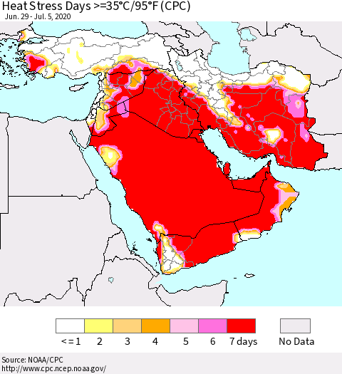 Middle East and Turkey Heat Stress Days >=35°C/95°F (CPC) Thematic Map For 6/29/2020 - 7/5/2020