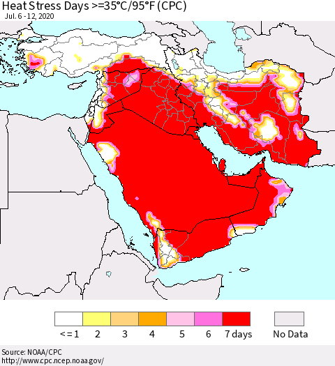 Middle East and Turkey Heat Stress Days >=35°C/95°F (CPC) Thematic Map For 7/6/2020 - 7/12/2020