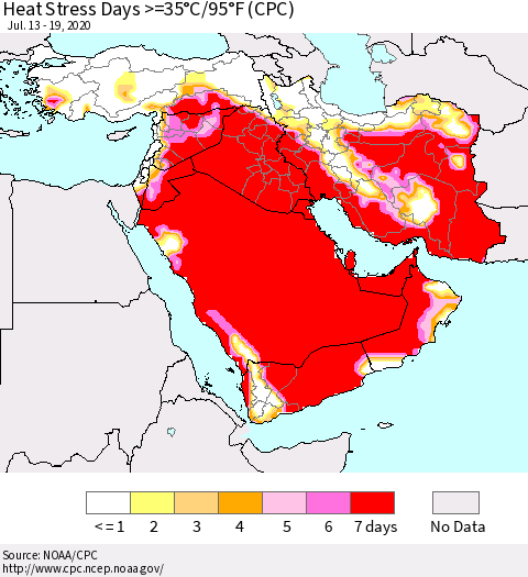Middle East and Turkey Heat Stress Days >=35°C/95°F (CPC) Thematic Map For 7/13/2020 - 7/19/2020