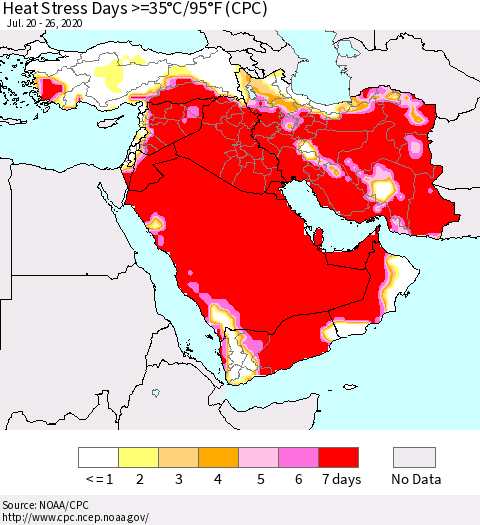 Middle East and Turkey Heat Stress Days >=35°C/95°F (CPC) Thematic Map For 7/20/2020 - 7/26/2020