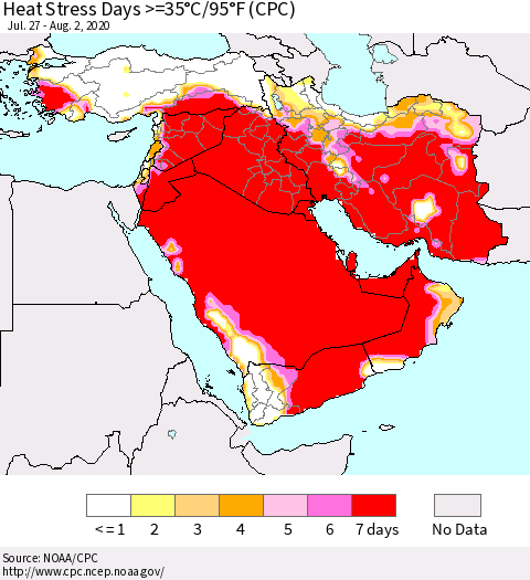 Middle East and Turkey Heat Stress Days >=35°C/95°F (CPC) Thematic Map For 7/27/2020 - 8/2/2020