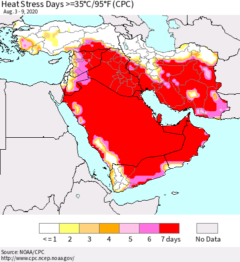 Middle East and Turkey Heat Stress Days >=35°C/95°F (CPC) Thematic Map For 8/3/2020 - 8/9/2020