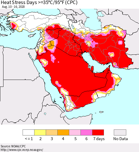 Middle East and Turkey Heat Stress Days >=35°C/95°F (CPC) Thematic Map For 8/10/2020 - 8/16/2020