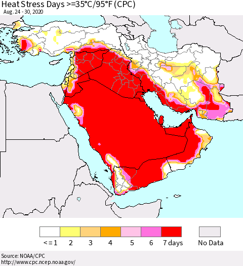 Middle East and Turkey Heat Stress Days >=35°C/95°F (CPC) Thematic Map For 8/24/2020 - 8/30/2020