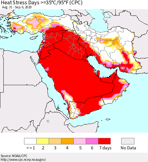 Middle East and Turkey Heat Stress Days >=35°C/95°F (CPC) Thematic Map For 8/31/2020 - 9/6/2020