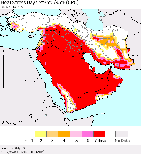 Middle East and Turkey Heat Stress Days >=35°C/95°F (CPC) Thematic Map For 9/7/2020 - 9/13/2020