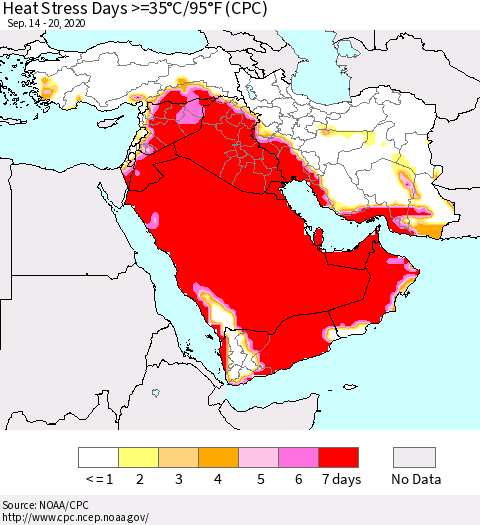 Middle East and Turkey Heat Stress Days >=35°C/95°F (CPC) Thematic Map For 9/14/2020 - 9/20/2020