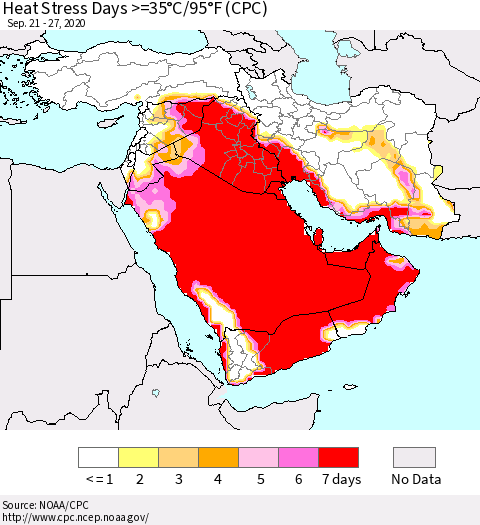 Middle East and Turkey Heat Stress Days >=35°C/95°F (CPC) Thematic Map For 9/21/2020 - 9/27/2020