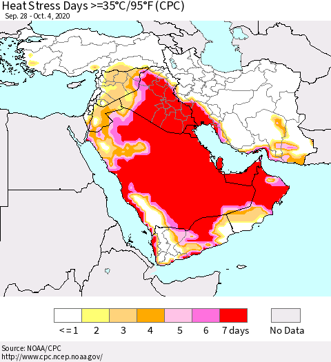 Middle East and Turkey Heat Stress Days >=35°C/95°F (CPC) Thematic Map For 9/28/2020 - 10/4/2020