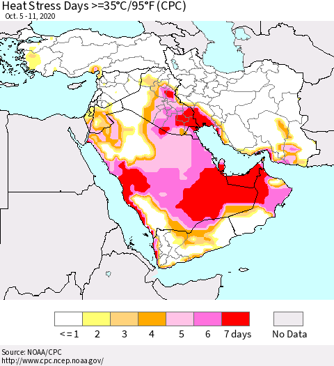 Middle East and Turkey Heat Stress Days >=35°C/95°F (CPC) Thematic Map For 10/5/2020 - 10/11/2020