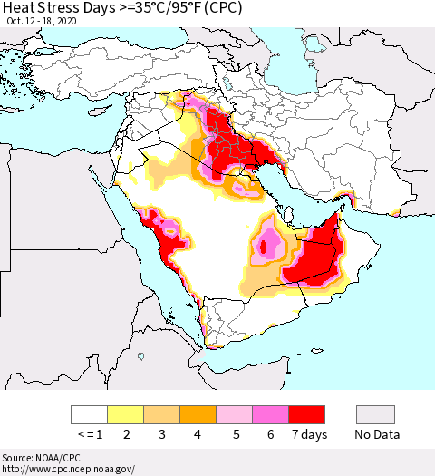 Middle East and Turkey Heat Stress Days >=35°C/95°F (CPC) Thematic Map For 10/12/2020 - 10/18/2020