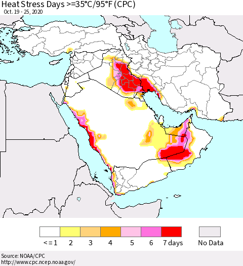 Middle East and Turkey Heat Stress Days >=35°C/95°F (CPC) Thematic Map For 10/19/2020 - 10/25/2020