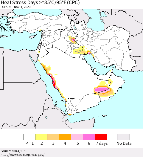 Middle East and Turkey Heat Stress Days >=35°C/95°F (CPC) Thematic Map For 10/26/2020 - 11/1/2020