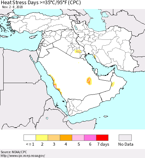 Middle East and Turkey Heat Stress Days >=35°C/95°F (CPC) Thematic Map For 11/2/2020 - 11/8/2020