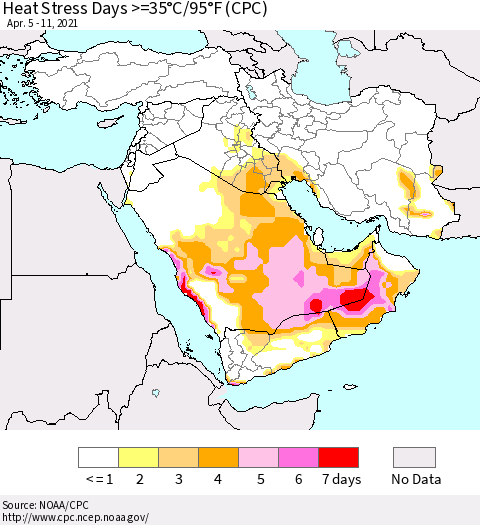 Middle East and Turkey Heat Stress Days >=35°C/95°F (CPC) Thematic Map For 4/5/2021 - 4/11/2021
