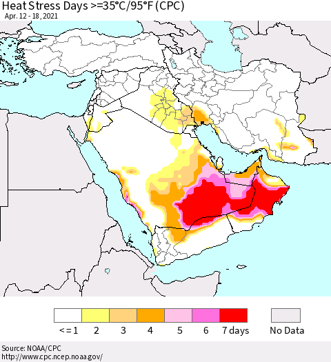 Middle East and Turkey Heat Stress Days >=35°C/95°F (CPC) Thematic Map For 4/12/2021 - 4/18/2021