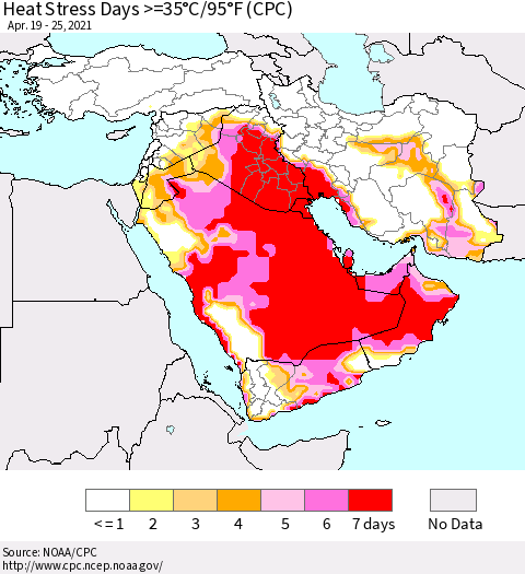 Middle East and Turkey Heat Stress Days >=35°C/95°F (CPC) Thematic Map For 4/19/2021 - 4/25/2021