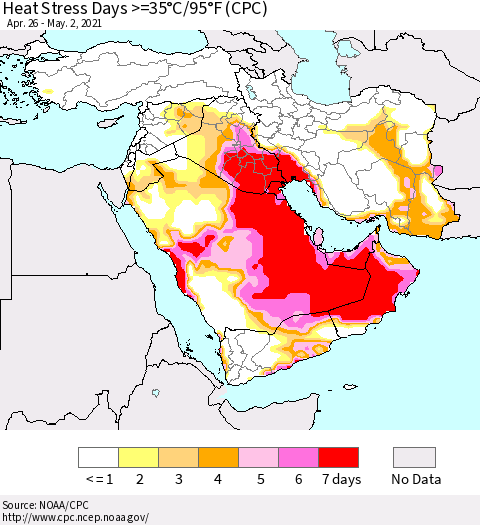 Middle East and Turkey Heat Stress Days >=35°C/95°F (CPC) Thematic Map For 4/26/2021 - 5/2/2021