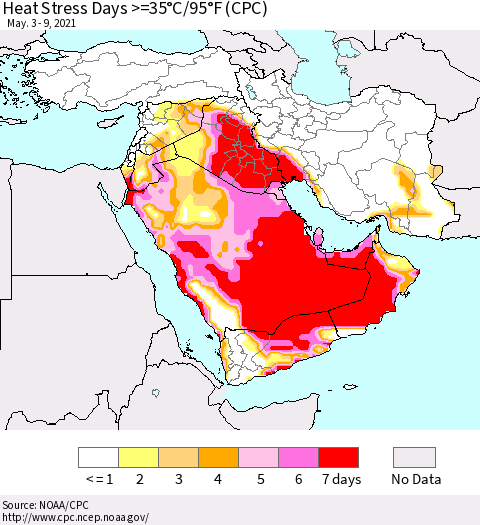 Middle East and Turkey Heat Stress Days >=35°C/95°F (CPC) Thematic Map For 5/3/2021 - 5/9/2021