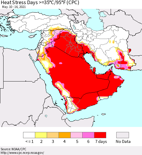 Middle East and Turkey Heat Stress Days >=35°C/95°F (CPC) Thematic Map For 5/10/2021 - 5/16/2021
