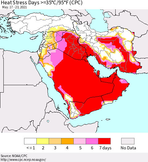 Middle East and Turkey Heat Stress Days >=35°C/95°F (CPC) Thematic Map For 5/17/2021 - 5/23/2021