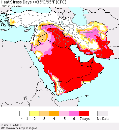 Middle East and Turkey Heat Stress Days >=35°C/95°F (CPC) Thematic Map For 5/24/2021 - 5/30/2021