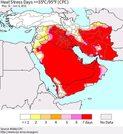 Middle East and Turkey Heat Stress Days >=35°C/95°F (CPC) Thematic Map For 5/31/2021 - 6/6/2021