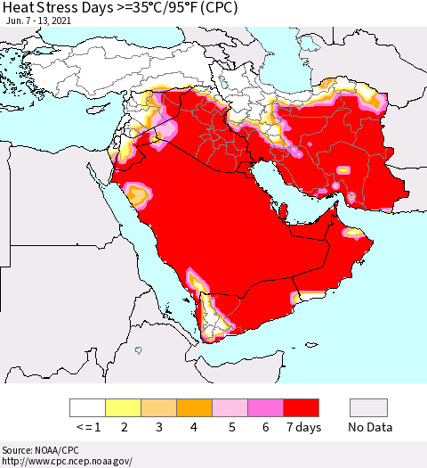 Middle East and Turkey Heat Stress Days >=35°C/95°F (CPC) Thematic Map For 6/7/2021 - 6/13/2021