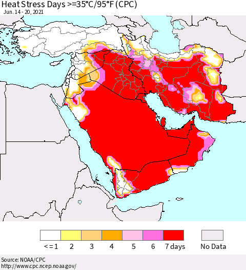Middle East and Turkey Heat Stress Days >=35°C/95°F (CPC) Thematic Map For 6/14/2021 - 6/20/2021