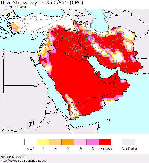 Middle East and Turkey Heat Stress Days >=35°C/95°F (CPC) Thematic Map For 6/21/2021 - 6/27/2021
