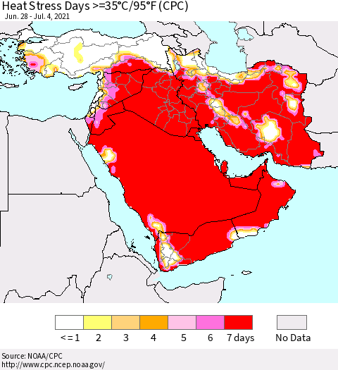 Middle East and Turkey Heat Stress Days >=35°C/95°F (CPC) Thematic Map For 6/28/2021 - 7/4/2021