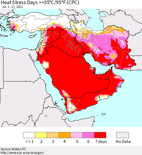 Middle East and Turkey Heat Stress Days >=35°C/95°F (CPC) Thematic Map For 7/5/2021 - 7/11/2021