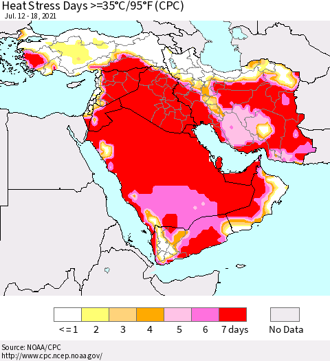 Middle East and Turkey Heat Stress Days >=35°C/95°F (CPC) Thematic Map For 7/12/2021 - 7/18/2021