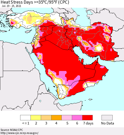 Middle East and Turkey Heat Stress Days >=35°C/95°F (CPC) Thematic Map For 7/19/2021 - 7/25/2021