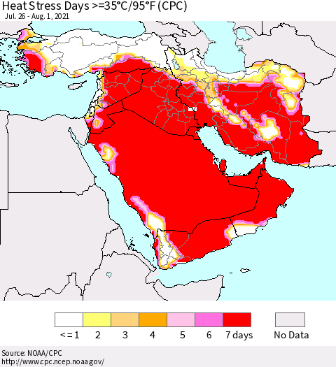 Middle East and Turkey Heat Stress Days >=35°C/95°F (CPC) Thematic Map For 7/26/2021 - 8/1/2021