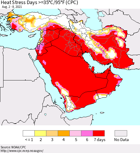 Middle East and Turkey Heat Stress Days >=35°C/95°F (CPC) Thematic Map For 8/2/2021 - 8/8/2021
