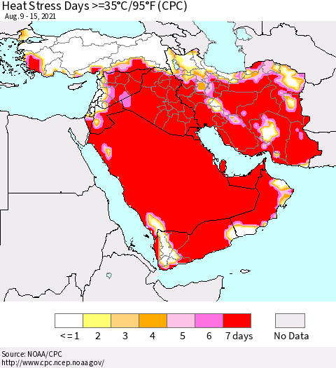 Middle East and Turkey Heat Stress Days >=35°C/95°F (CPC) Thematic Map For 8/9/2021 - 8/15/2021