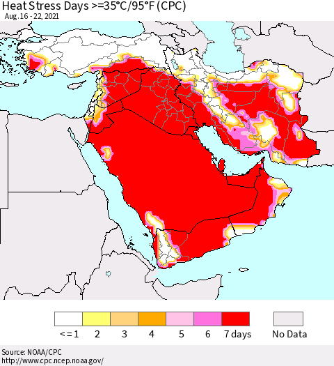 Middle East and Turkey Heat Stress Days >=35°C/95°F (CPC) Thematic Map For 8/16/2021 - 8/22/2021