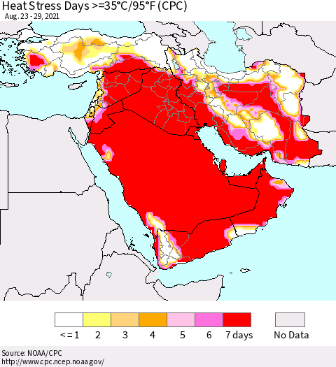 Middle East and Turkey Heat Stress Days >=35°C/95°F (CPC) Thematic Map For 8/23/2021 - 8/29/2021