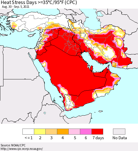 Middle East and Turkey Heat Stress Days >=35°C/95°F (CPC) Thematic Map For 8/30/2021 - 9/5/2021